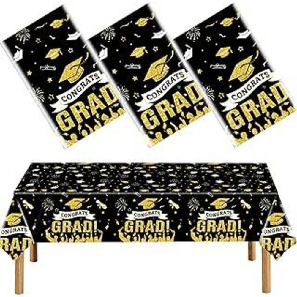 30 Pack Graduation Tablecloths Black Gold 9 Foot Disposable Plastic Table Covers